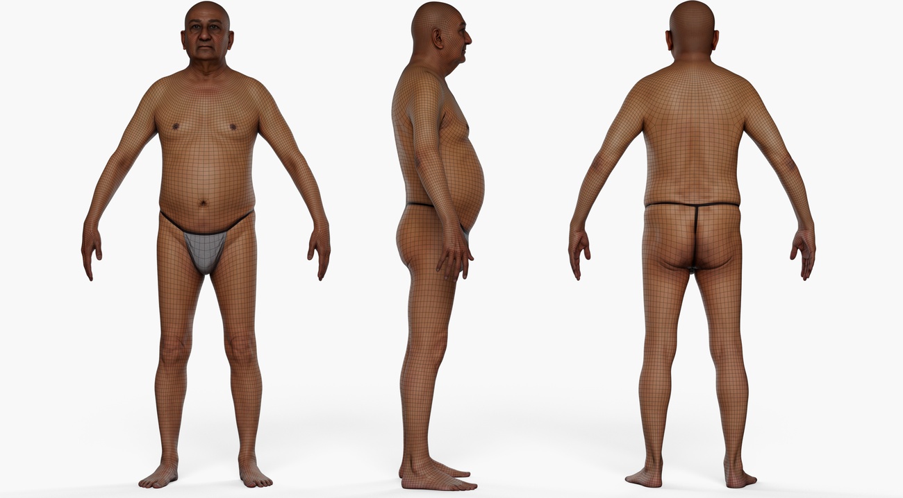 Wireframe topology overlay of a stocky older male 3D body scan showing clean quad mesh edge loops